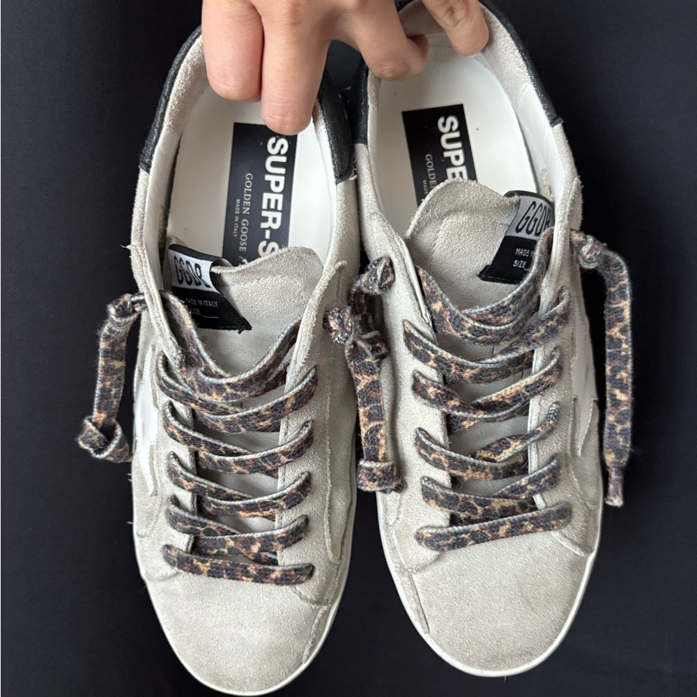 Golden Goose Super-Star Suede Sneakers in Light Gray with Leopard Laces